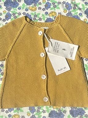 BNWT Play Up Organic Cotton Waffle Knit Baby Cardigan - Mustard Yellow 9M